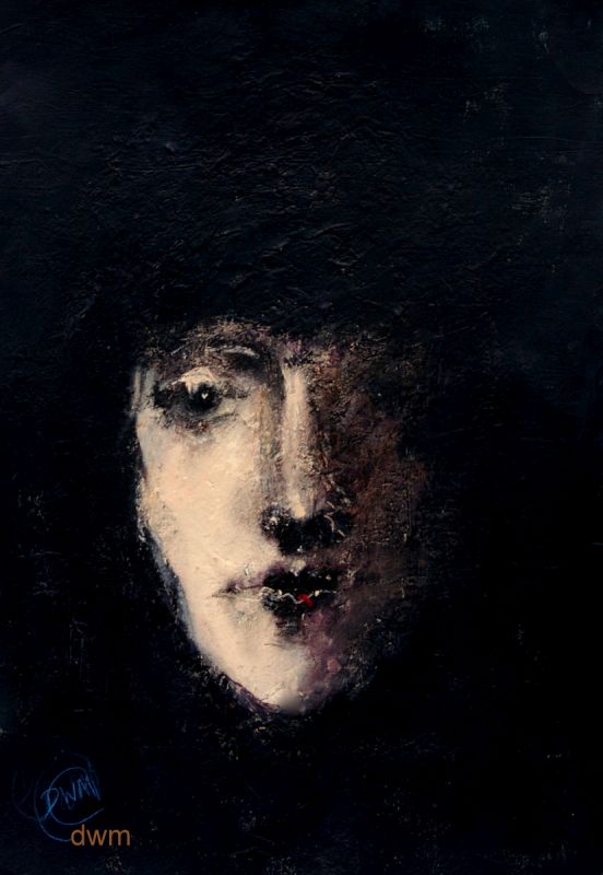 Painting of a woman's face, half in shadow on black background by visual artist Derek Wilfred Menary 2020-2022